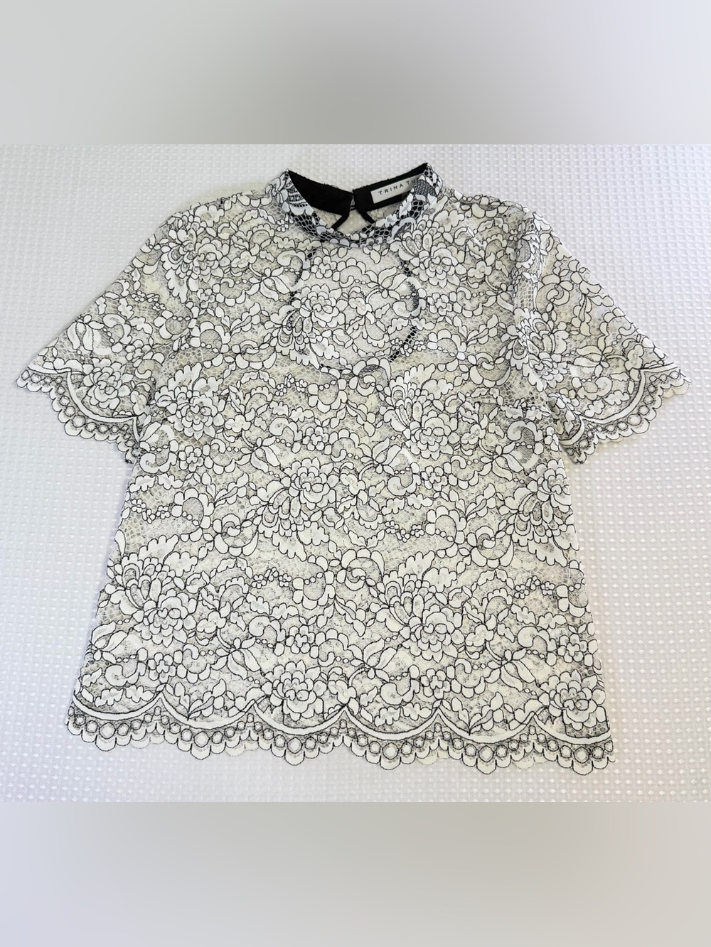Trina Turk Floral Lace Short Sleeve Top Black White Sheer Open Back Party Size M